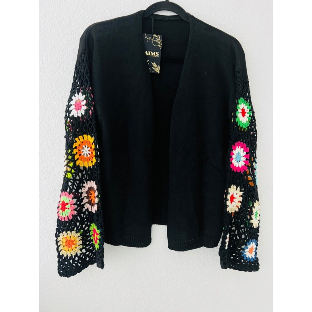 Aims Womens Black Knit Cardigan With Multicolor Crochet Sleeves Size Medium